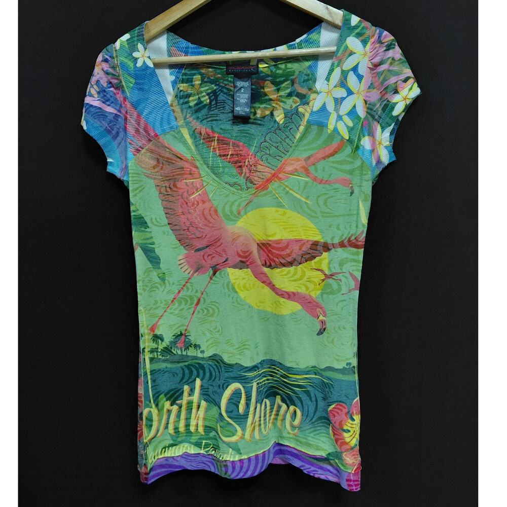 CUSTO BARCELONA Graphic Print T-Shirt Multicolor Knit Short Sleeve Women Size 2
